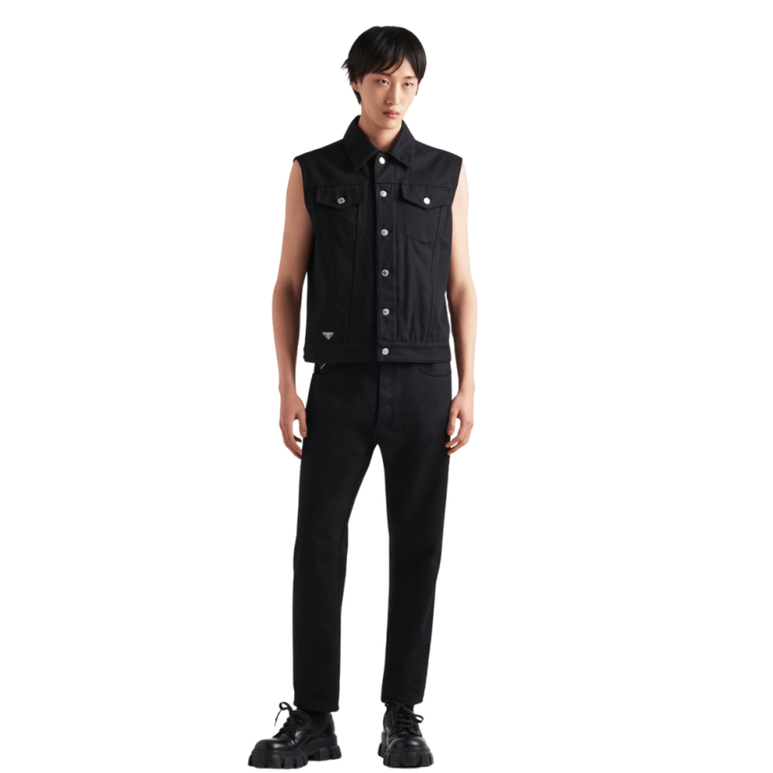 Jeans PRADA denim coton noir logo triangle métal