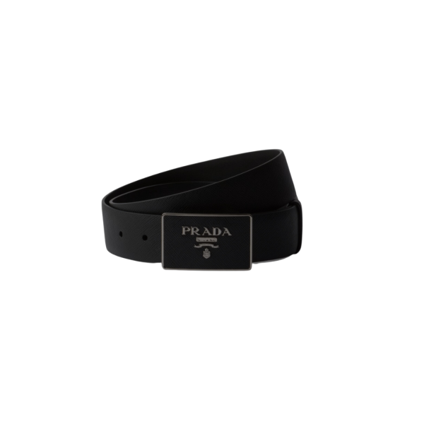 Ceinture PRADA cuir Saffiano noir boucle carré argenté