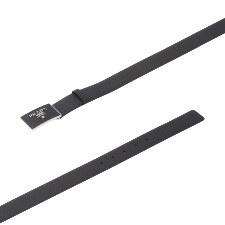 Ceinture PRADA cuir Saffiano noir boucle carré argenté