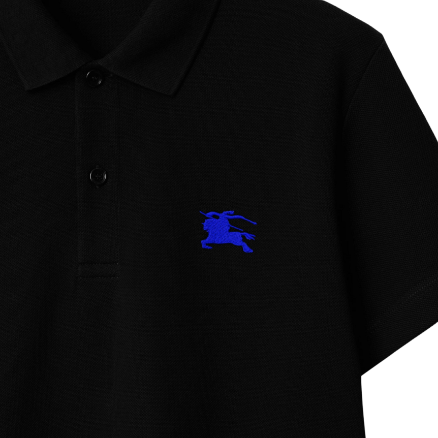Polo manche courte BURBERRY coton piqué noir cavalier bleu