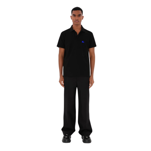 Polo manche courte BURBERRY coton piqué noir cavalier bleu