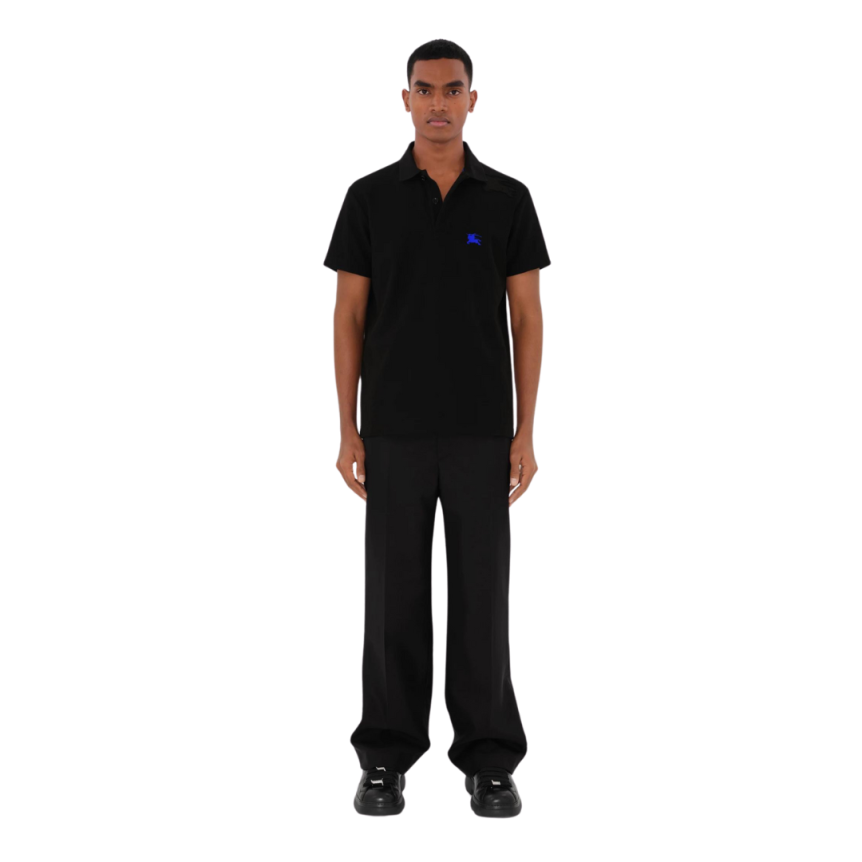 Polo manche courte BURBERRY coton piqué noir cavalier bleu