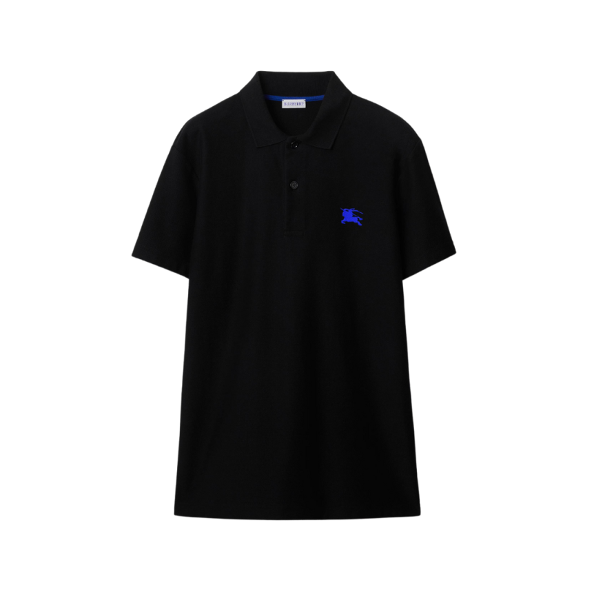 Polo manche courte BURBERRY coton piqué noir cavalier bleu