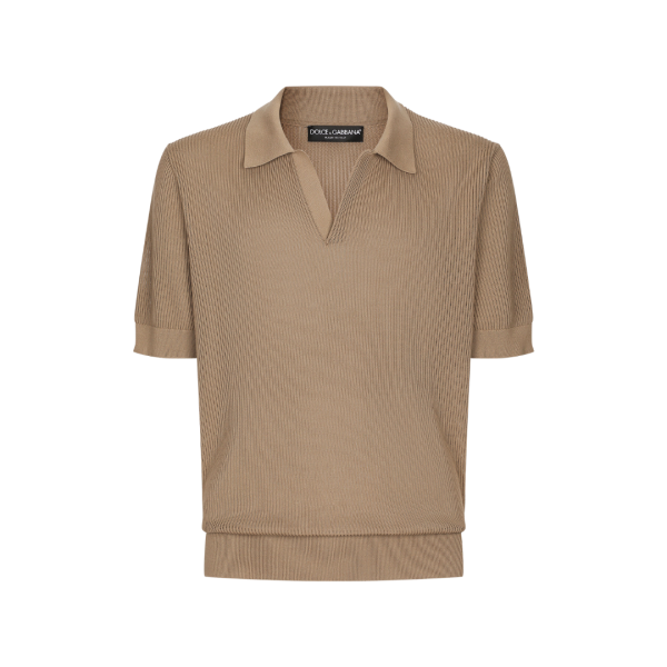Pull Polo col V DOLCE & GABBANA maille ajourée coton marron