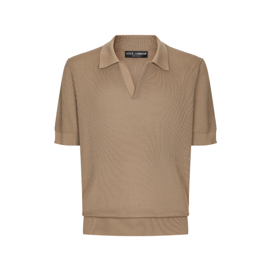 Pull Polo col V DOLCE & GABBANA maille ajourée coton marron