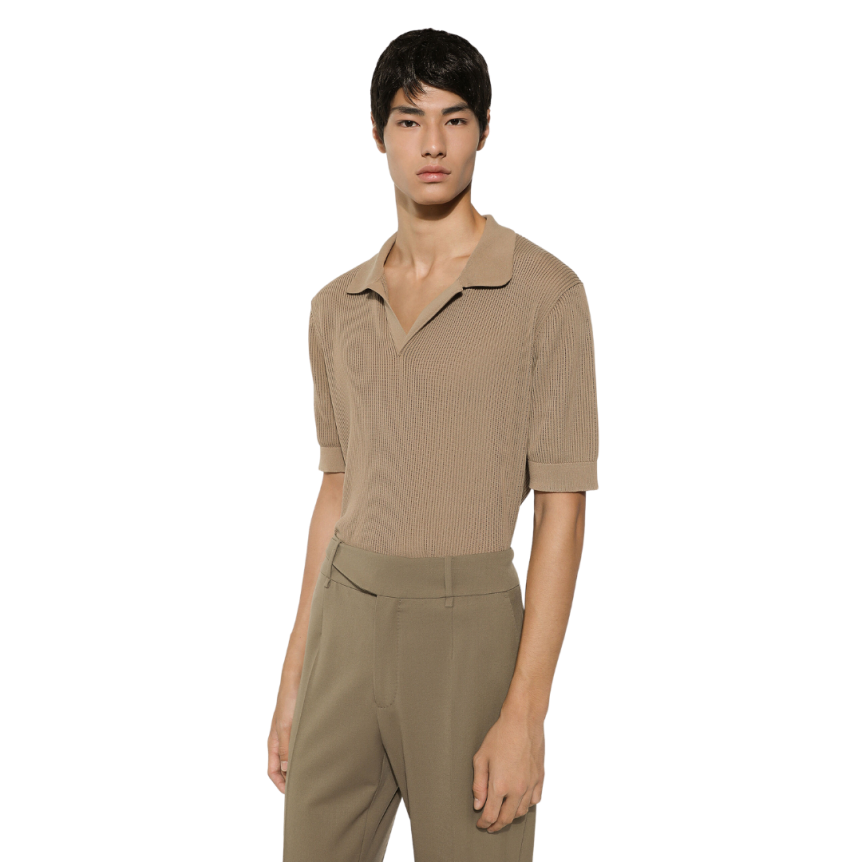 Pull Polo col V DOLCE & GABBANA maille ajourée coton marron