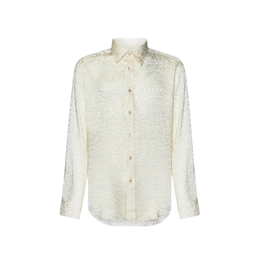 chemise TOM FORD manche longue soie ivoire motif léopard