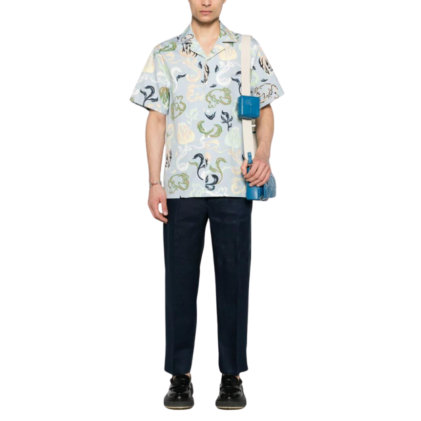 Chemise LANVIN manche courte bleu ciel imprimé fleurs