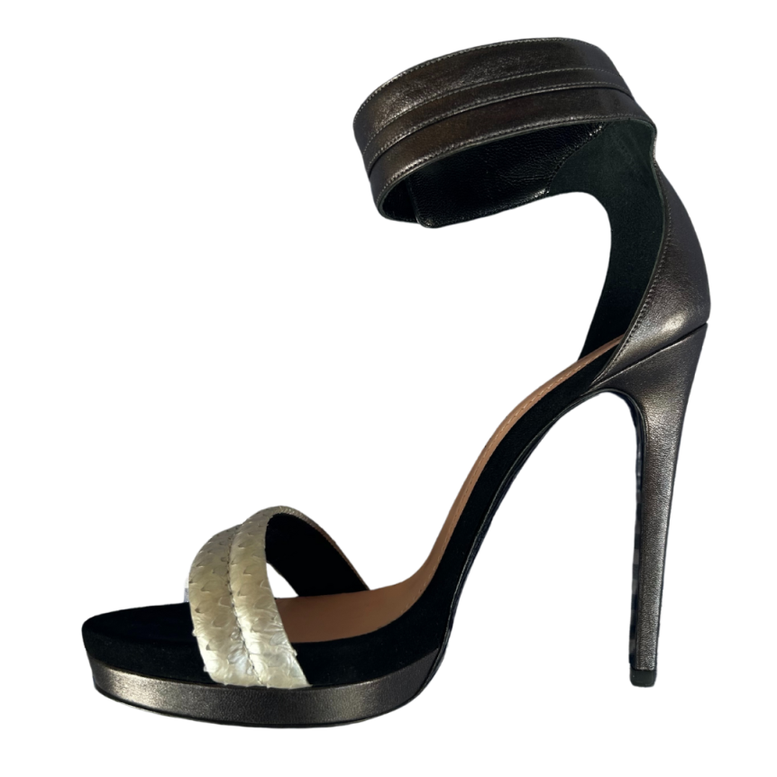 BARBARA BUI Sandales talon bride cuir argent python