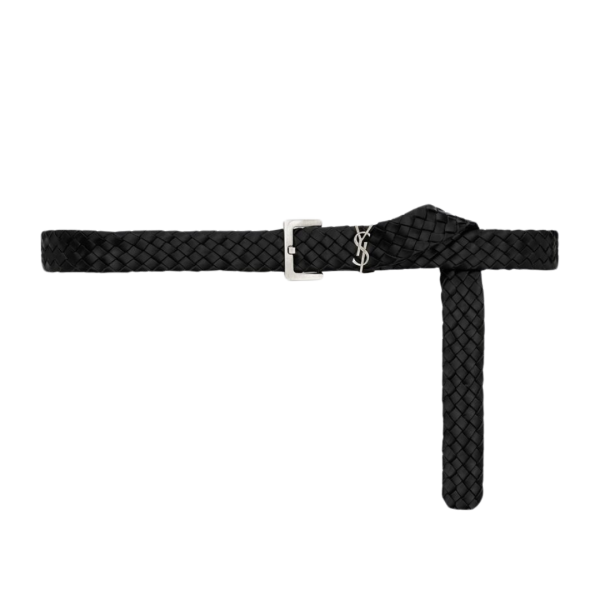 Ceinture SAINT LAURENT Cassandre cuir tressé noir YSL argent