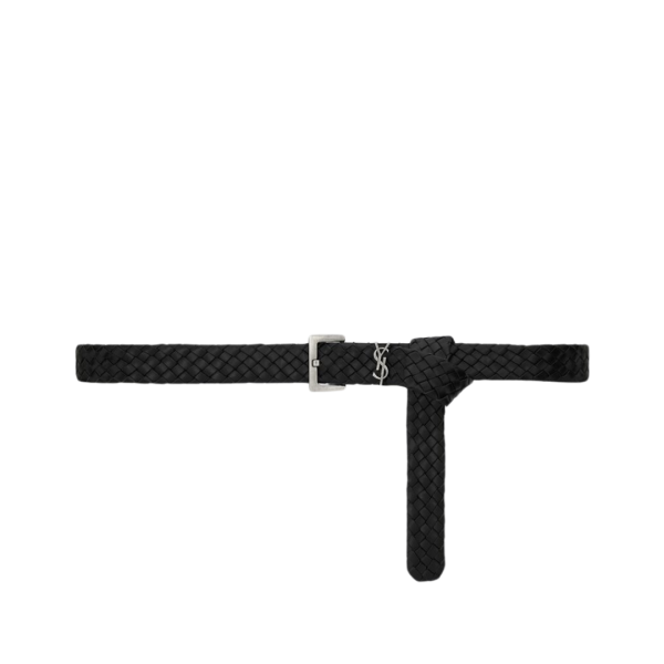 Ceinture SAINT LAURENT Cassandre cuir tressé noir YSL argent