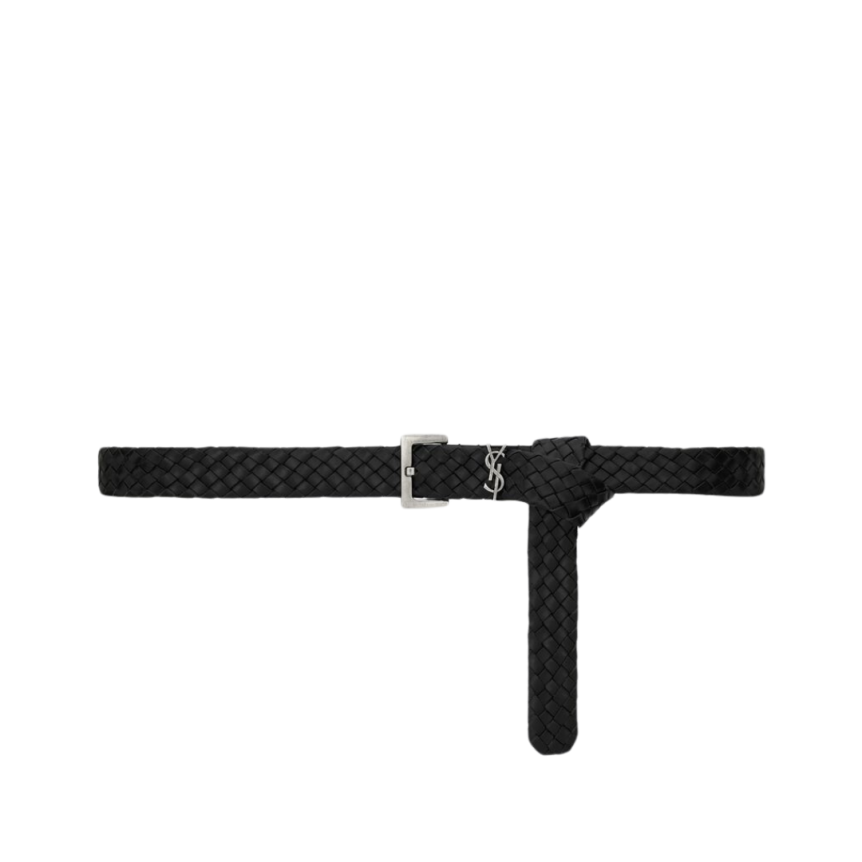 Ceinture SAINT LAURENT Cassandre cuir tressé noir YSL argent