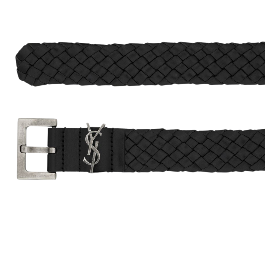 Ceinture SAINT LAURENT Cassandre cuir tressé noir YSL argent