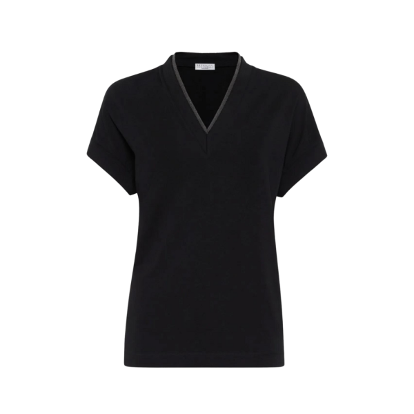 BRUNELLO CUCINELLI T-shirt manche courte coton noir col v ornement métallique