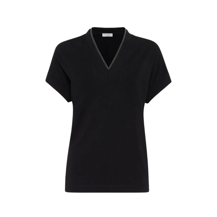 BRUNELLO CUCINELLI T-shirt manche courte coton noir col v ornement métallique