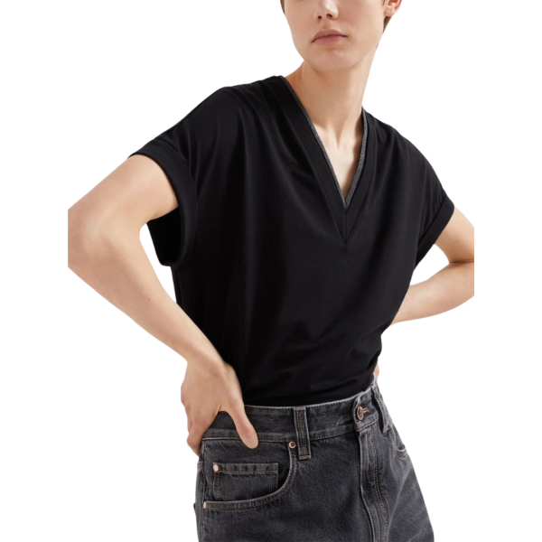 BRUNELLO CUCINELLI T-shirt manche courte coton noir col v ornement métallique