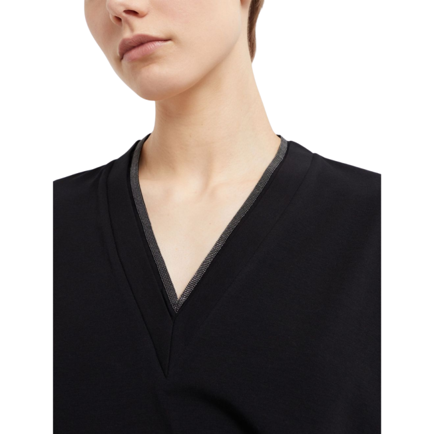 BRUNELLO CUCINELLI T-shirt manche courte coton noir col v ornement métallique