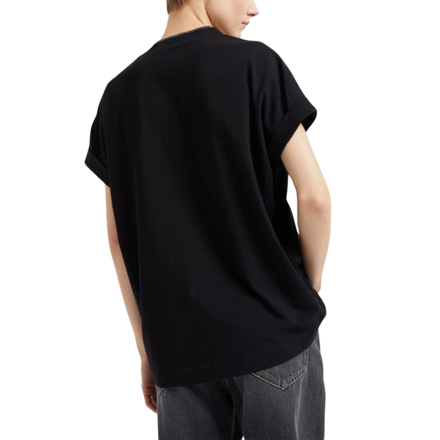 BRUNELLO CUCINELLI T-shirt manche courte coton noir col v ornement métallique