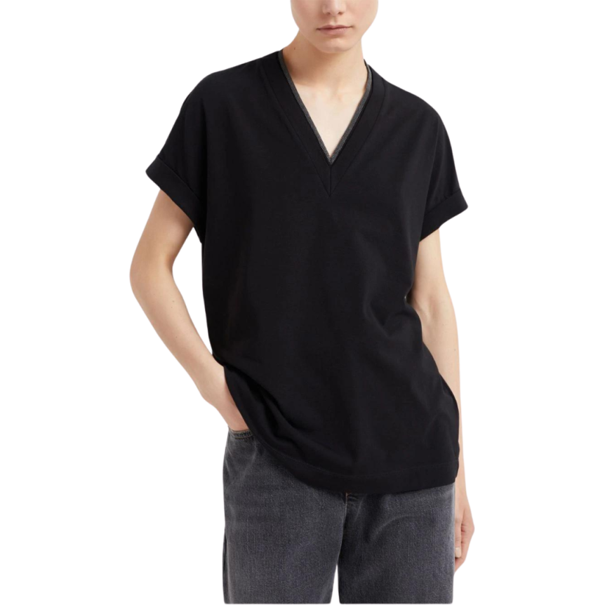 BRUNELLO CUCINELLI T-shirt manche courte coton noir col v ornement métallique