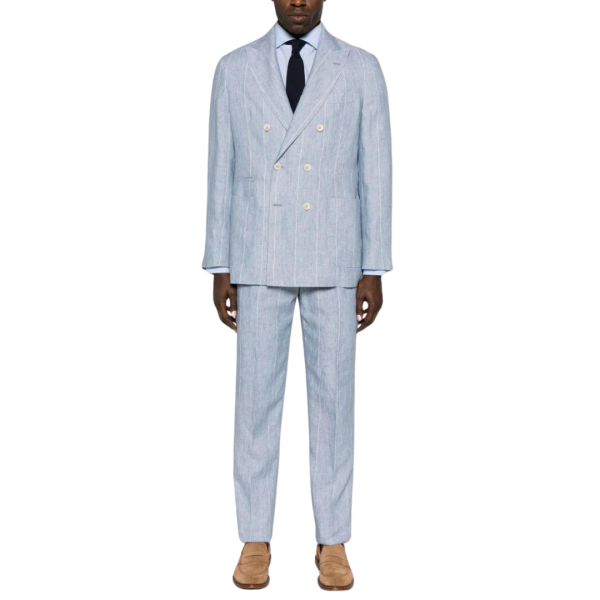 Costume BRUNELLO CUCINELLI boutonnière croisée lin bleu fines rayures