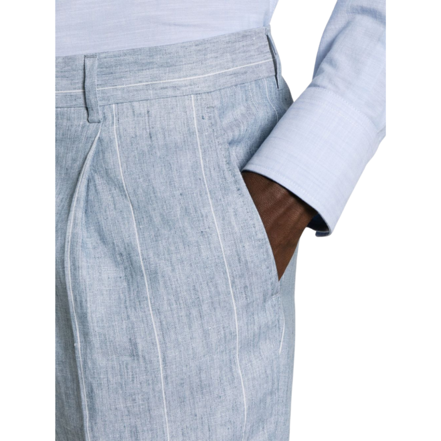 Costume BRUNELLO CUCINELLI boutonnière croisée lin bleu fines rayures