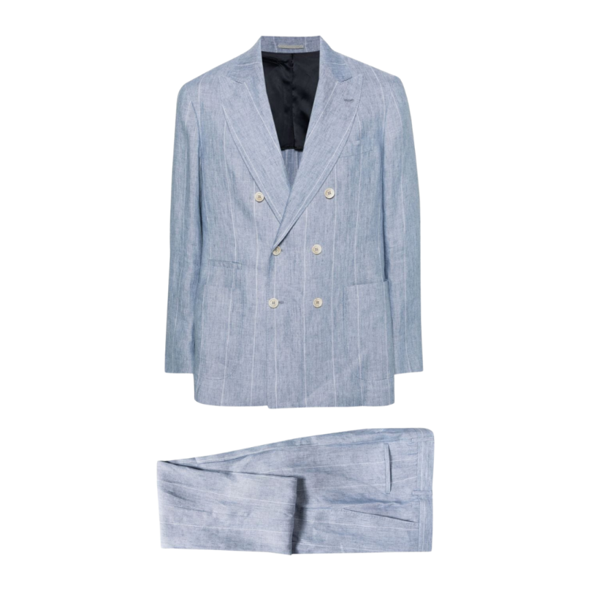 Costume BRUNELLO CUCINELLI boutonnière croisée lin bleu fines rayures
