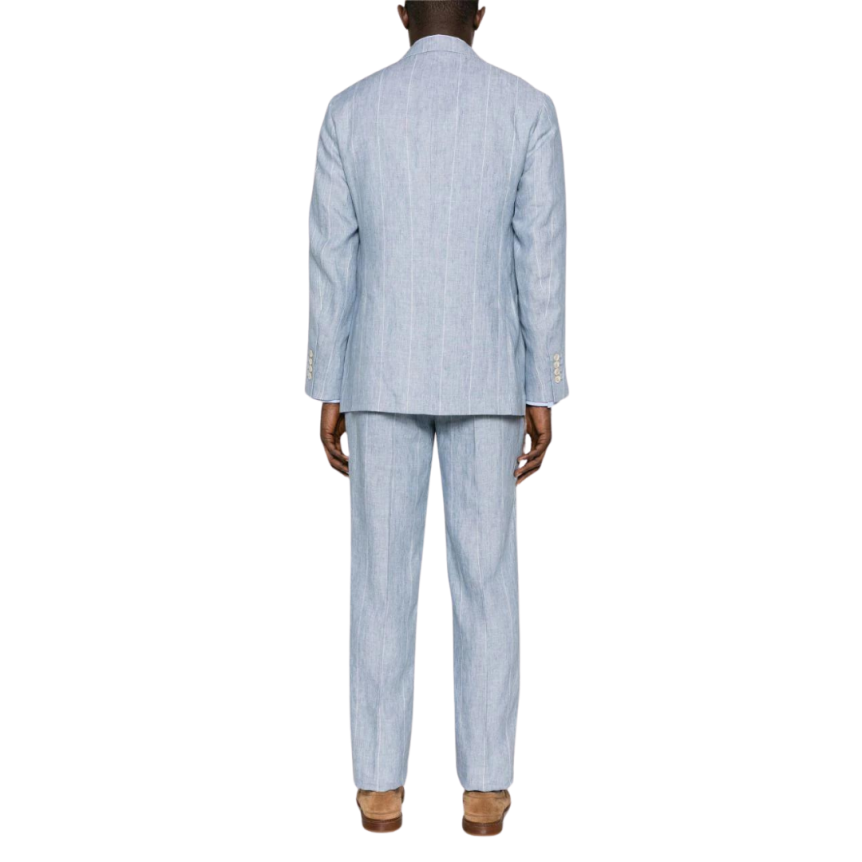 Costume BRUNELLO CUCINELLI boutonnière croisée lin bleu fines rayures