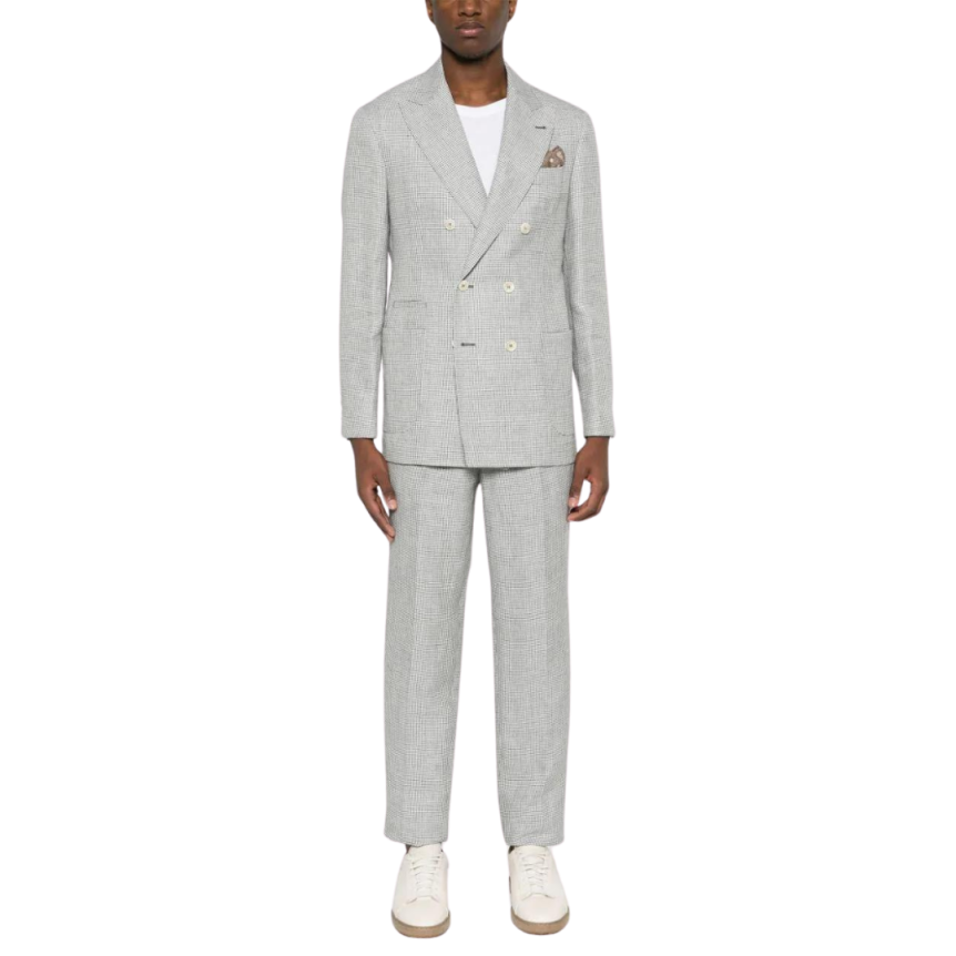 Costume croisé BRUNELLO CUCINELLI lin pied de poule gris blanc