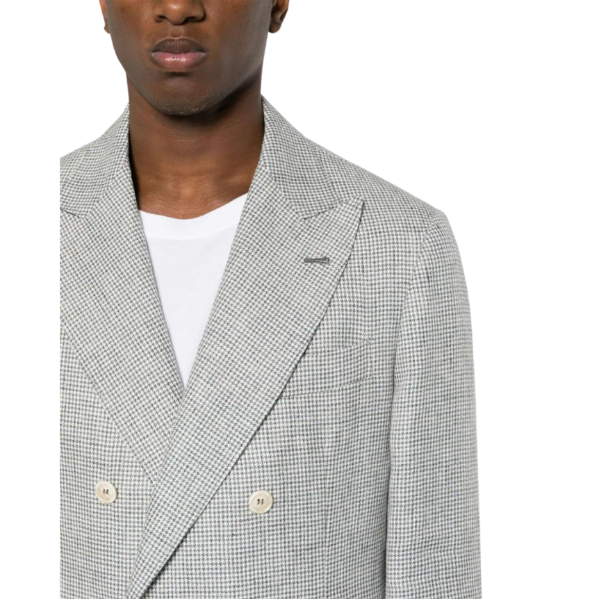 Costume croisé BRUNELLO CUCINELLI lin pied de poule gris blanc