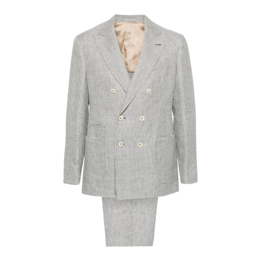 Costume croisé BRUNELLO CUCINELLI lin pied de poule gris blanc