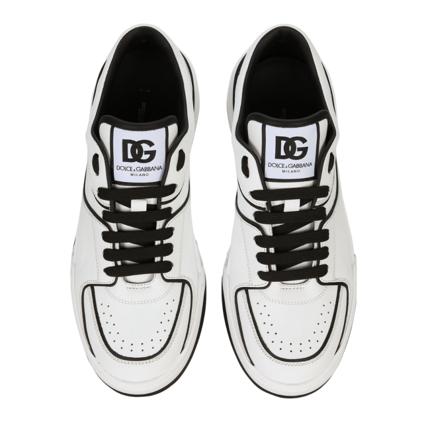 Sneakers DOLCE & GABBANA New Roma cuir veau blanc noir effet 3D logo talon noir