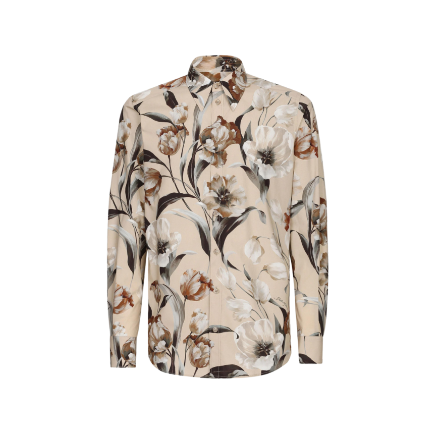 Chemise DOLCE & GABBANA manche longue Martina popeline beige imprimé tulipes