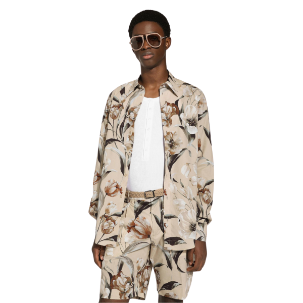 Chemise DOLCE & GABBANA manche longue Martina popeline beige imprimé tulipes