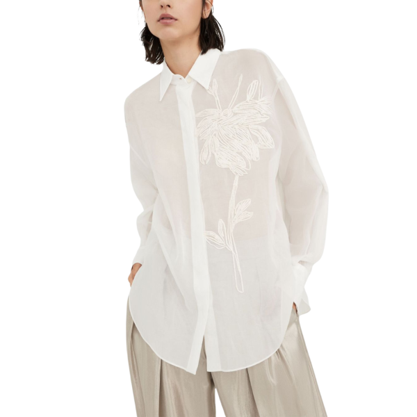 chemise manche longue BRUNELLO CUCINELLI coton blanc broderie fleurs