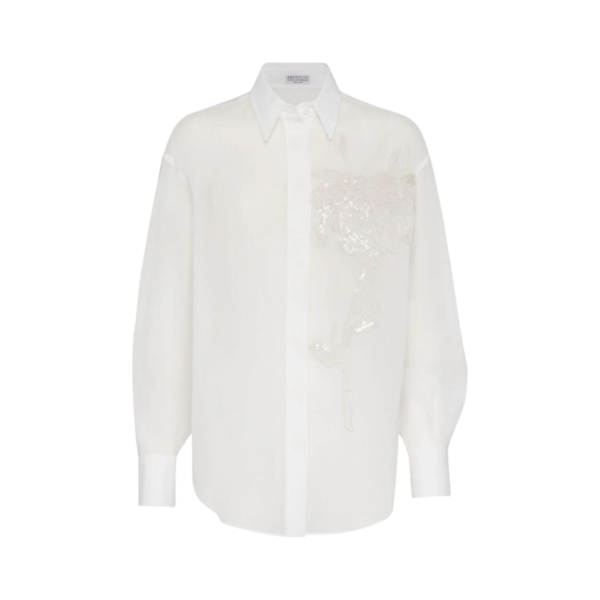 chemise manche longue BRUNELLO CUCINELLI coton blanc broderie fleurs