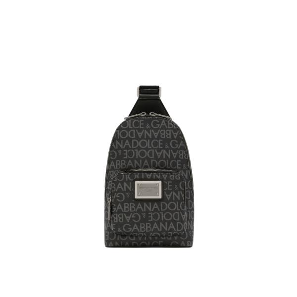 Sac à dos bandoulière DOLCE & GABBANA noir jacquard enduit logo gris