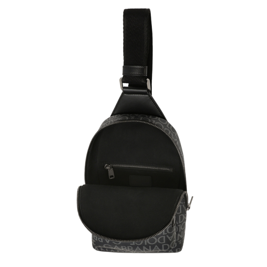 Sac à dos bandoulière DOLCE & GABBANA noir jacquard enduit logo gris