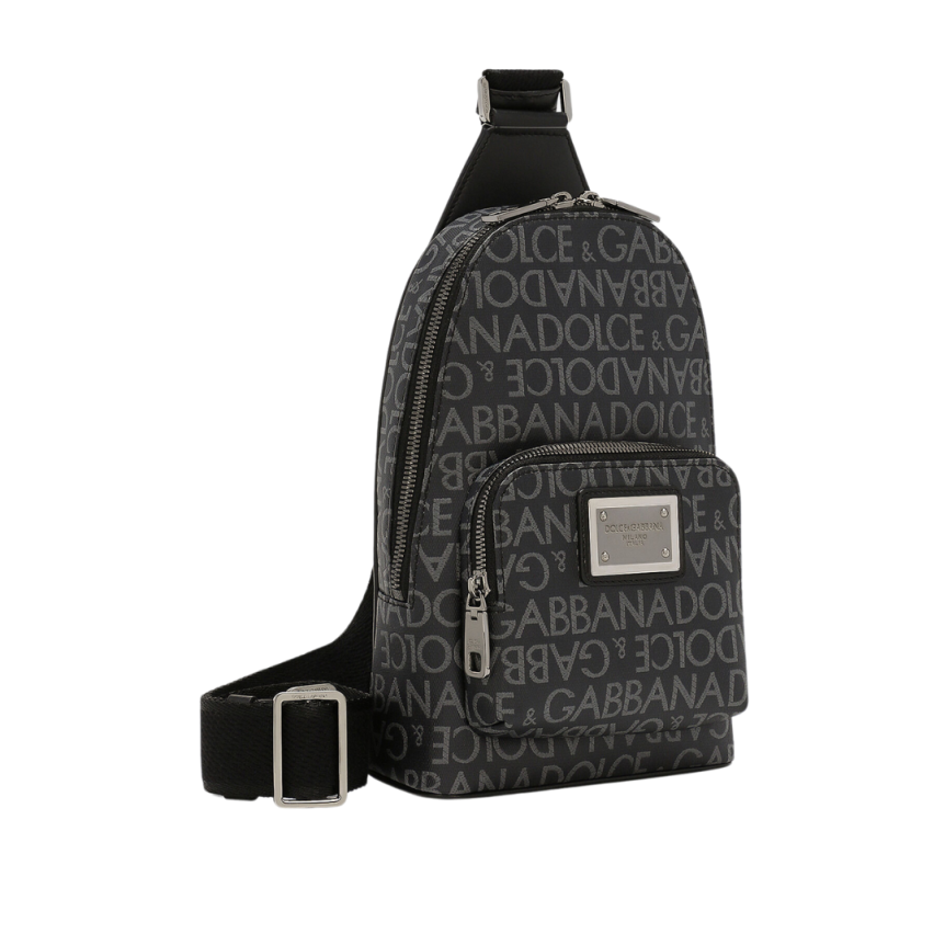 Sac à dos bandoulière DOLCE & GABBANA noir jacquard enduit logo gris