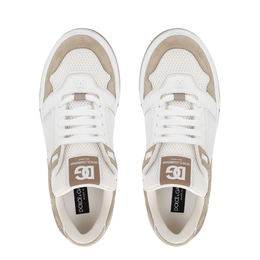 Baskets DOLCE & GABBANA New Roma bi matière cuir veau blanc daim beige