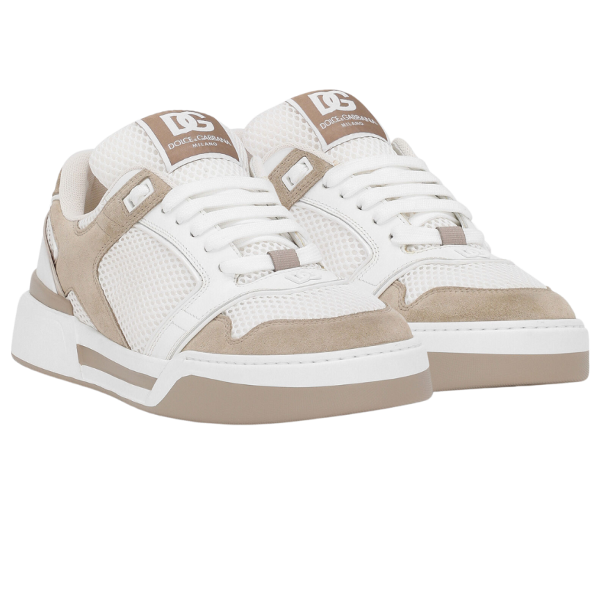 Baskets DOLCE & GABBANA New Roma bi matière cuir veau blanc daim beige