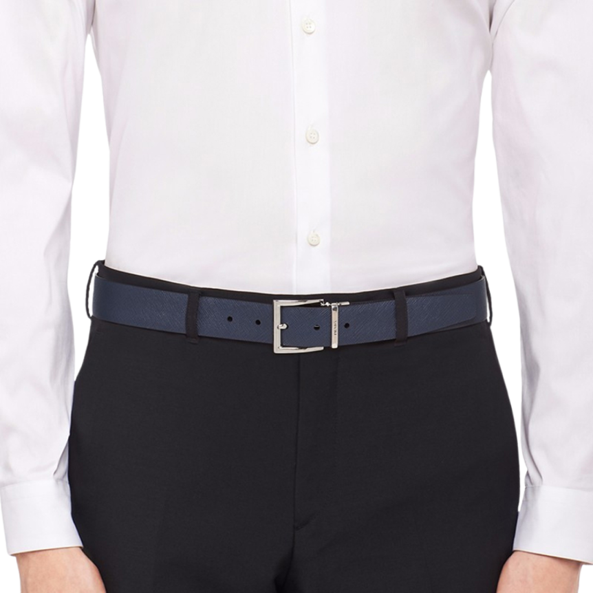 Ceinture PRADA réversible noir bleu marine boucle acier
