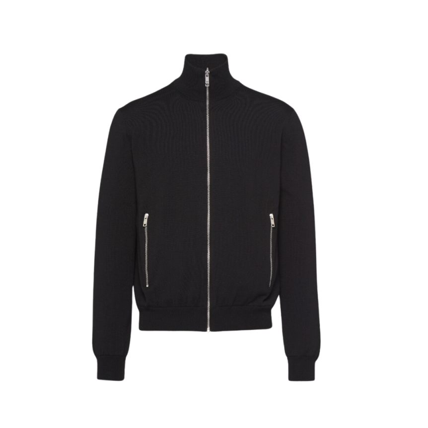 Veste réversible PRADA col montant zippée laine Re-Nylon noir