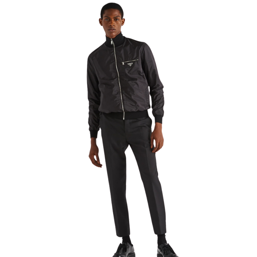 Veste réversible PRADA col montant zippée laine Re-Nylon noir