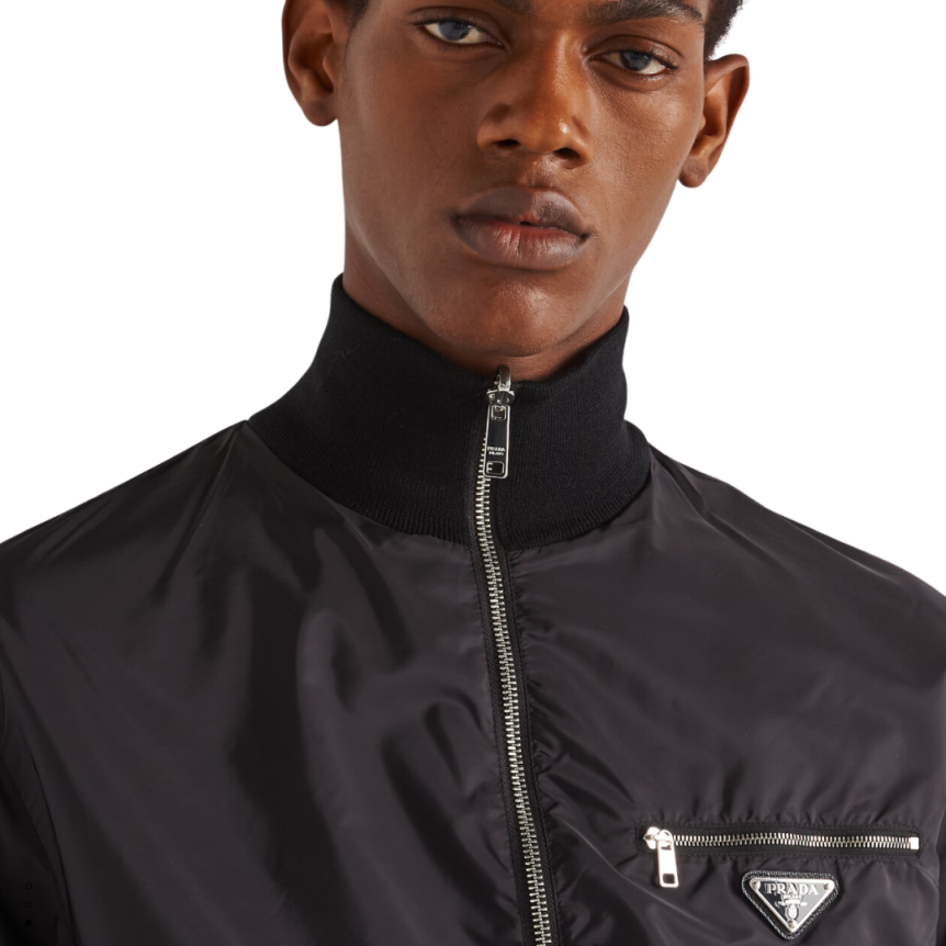 Veste réversible PRADA col montant zippée laine Re-Nylon noir