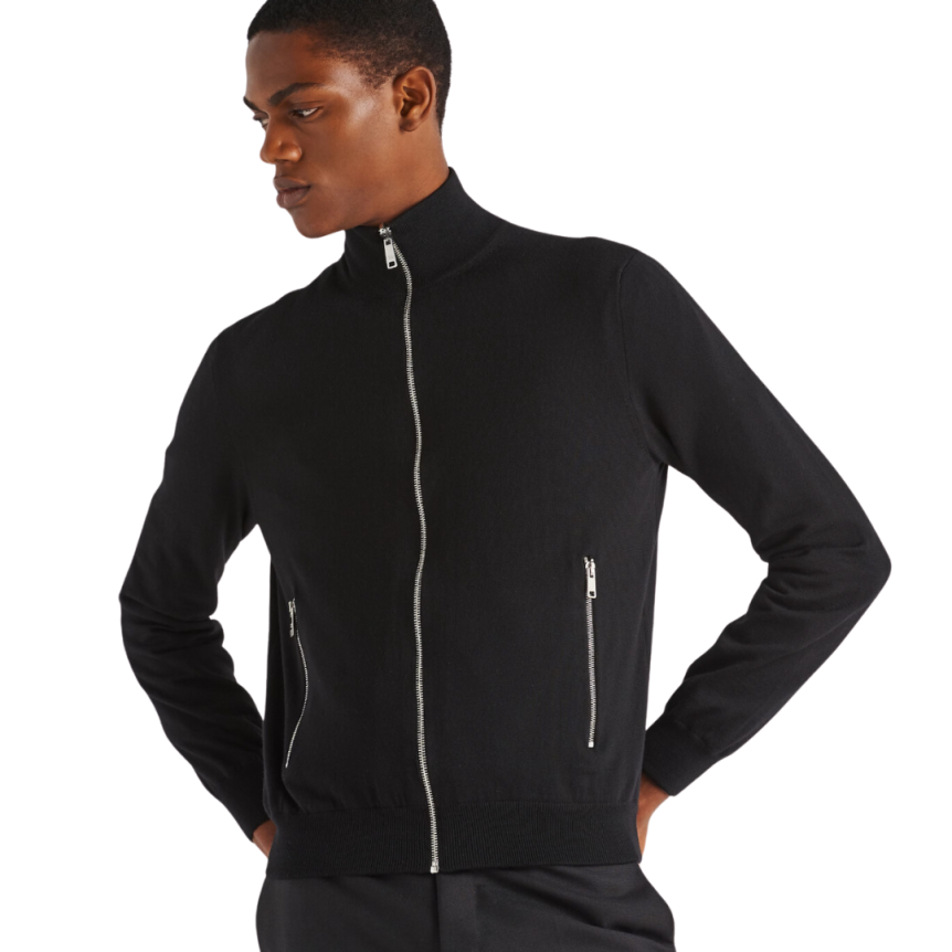 Veste réversible PRADA col montant zippée laine Re-Nylon noir