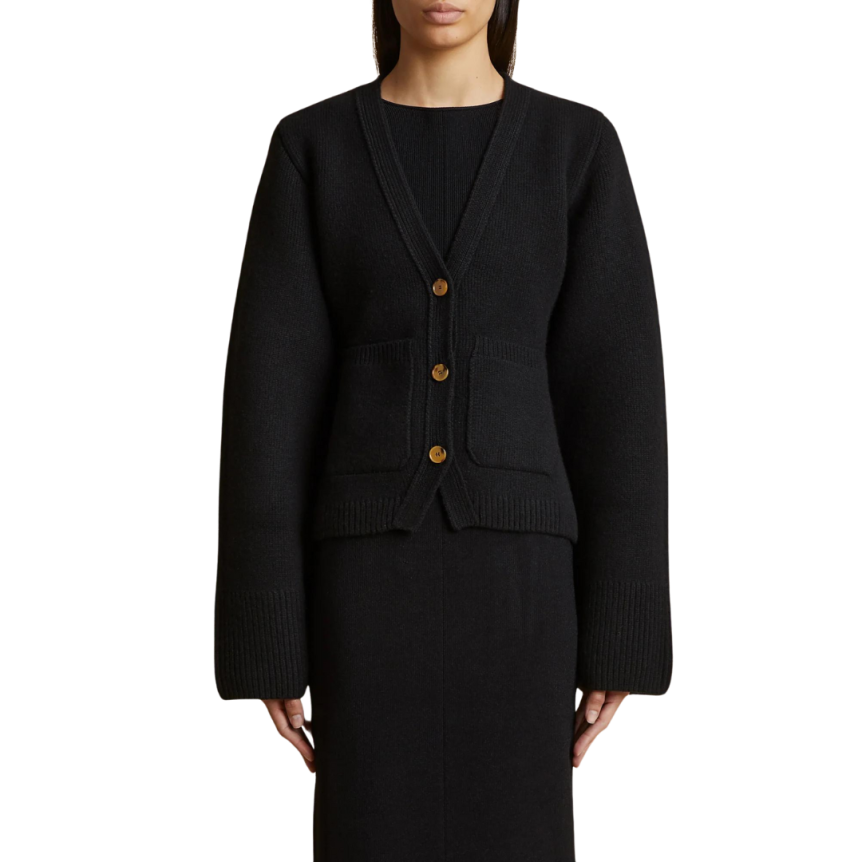 Cardigan boutons KHAITE Scarlett cachemire noir poches plaquées