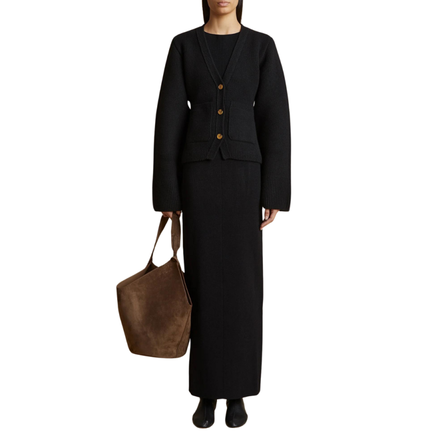 Cardigan boutons KHAITE Scarlett cachemire noir poches plaquées