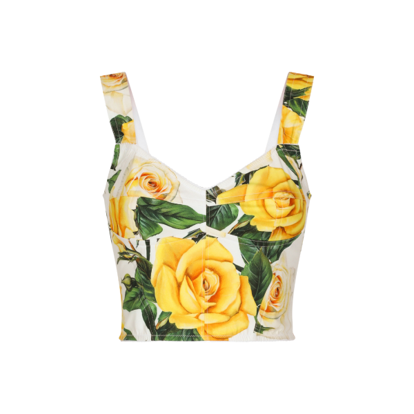 Corset DOLCE & GABBANA Flowering popeline coton blanc imprimé fleur jaune