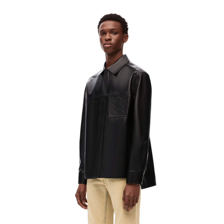 Surchemise LOEWE zippée cuir agneau nappa noir poche anagram