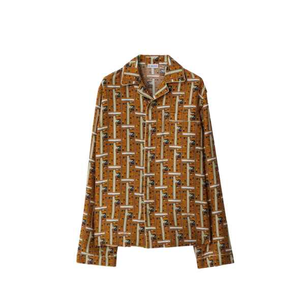 Chemise manche longue BURBERRY pyjama soie orange imprimé bus marron